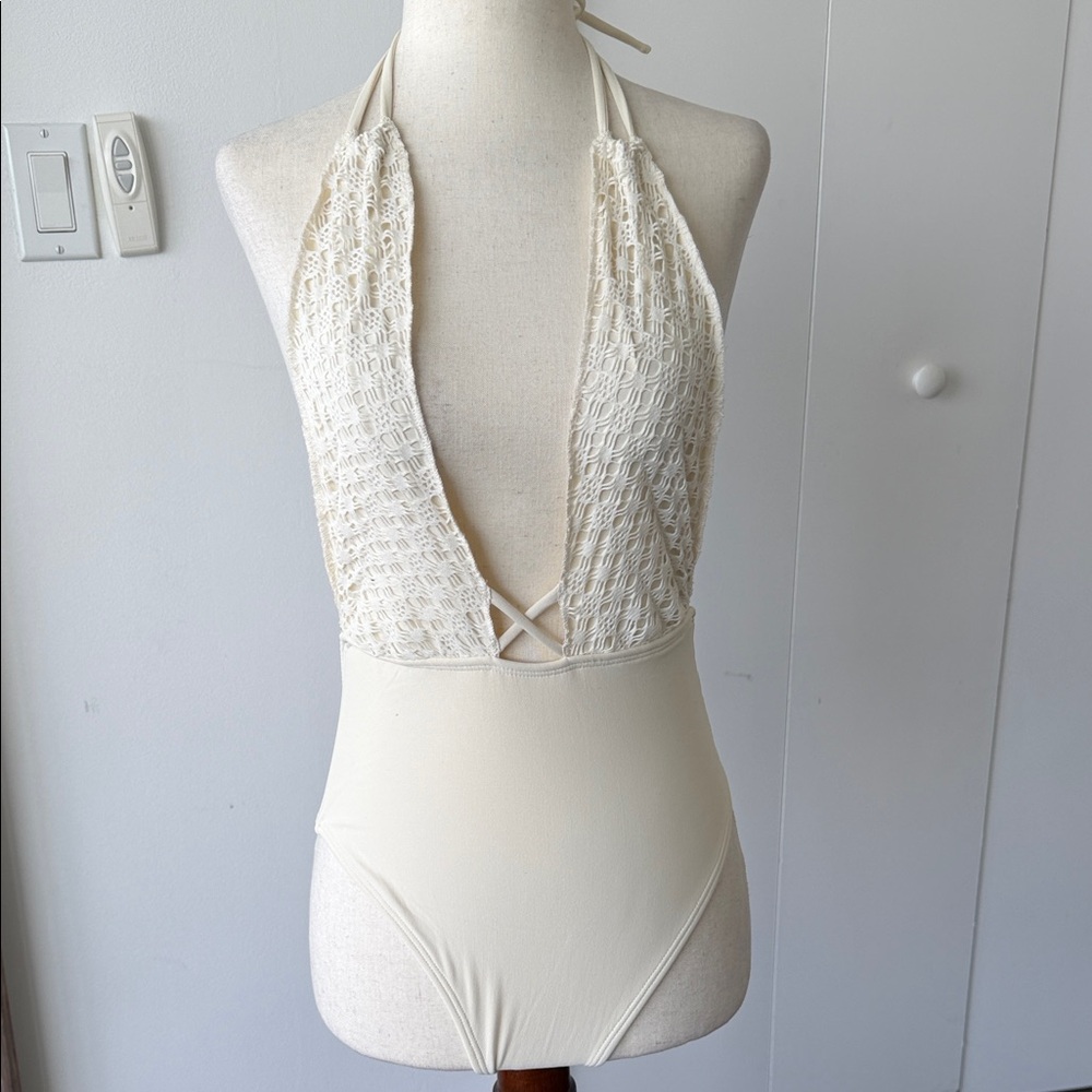 Montce Cream Crochet Halter One-Piece Swimsuit